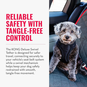 A small gray scruffy dog wearing a black KONG Deluxe Swivel Tether harness sits in a car seat with a red seat belt visible. The left side has promotional text about safe travel and tangle-free control at Pet Servo