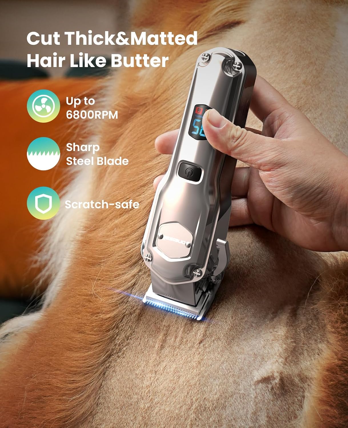 Pet grooming clipper being used on a dog with product features highlighted at Pet Servo