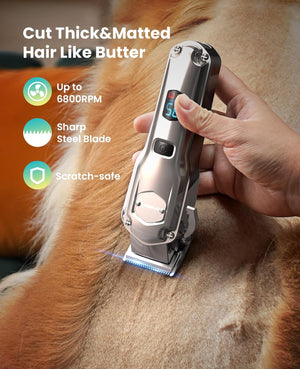 Pet grooming clipper being used on a dog with product features highlighted at Pet Servo