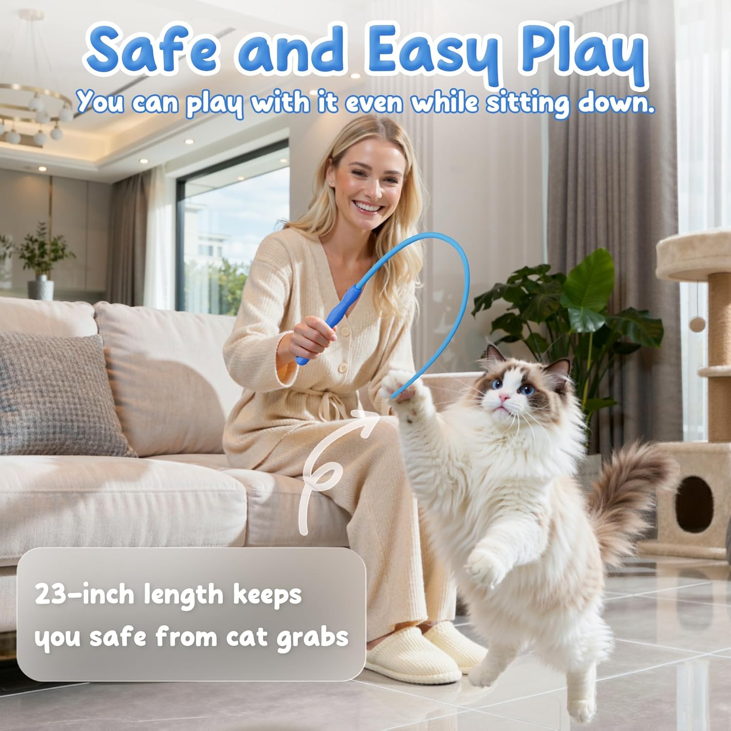 Woman playing with a cat using a toy, with text about safety and ease of play at Pet Servo