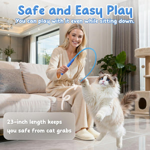 Woman playing with a cat using a toy, with text about safety and ease of play at Pet Servo