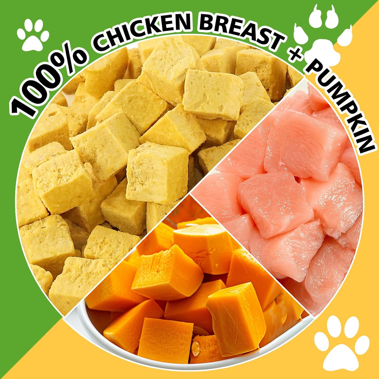 Diced chicken breast and pumpkin pieces with '100% Chicken Breast + Pumpkin' text on a green and yellow background at Pet Servo