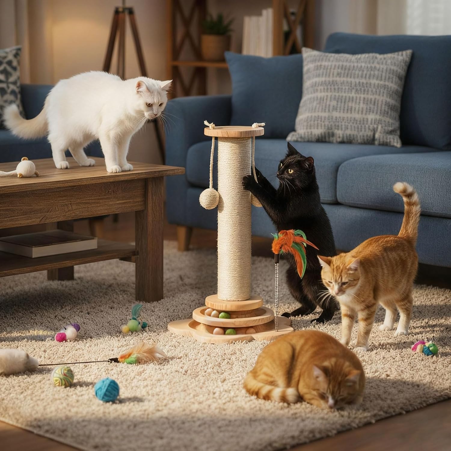 Three cats playing with a cat tree and toys in a living room at Pet Servo