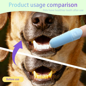 Dog using a pet toothbrush with text about healthier teeth after use at Pet Servo
