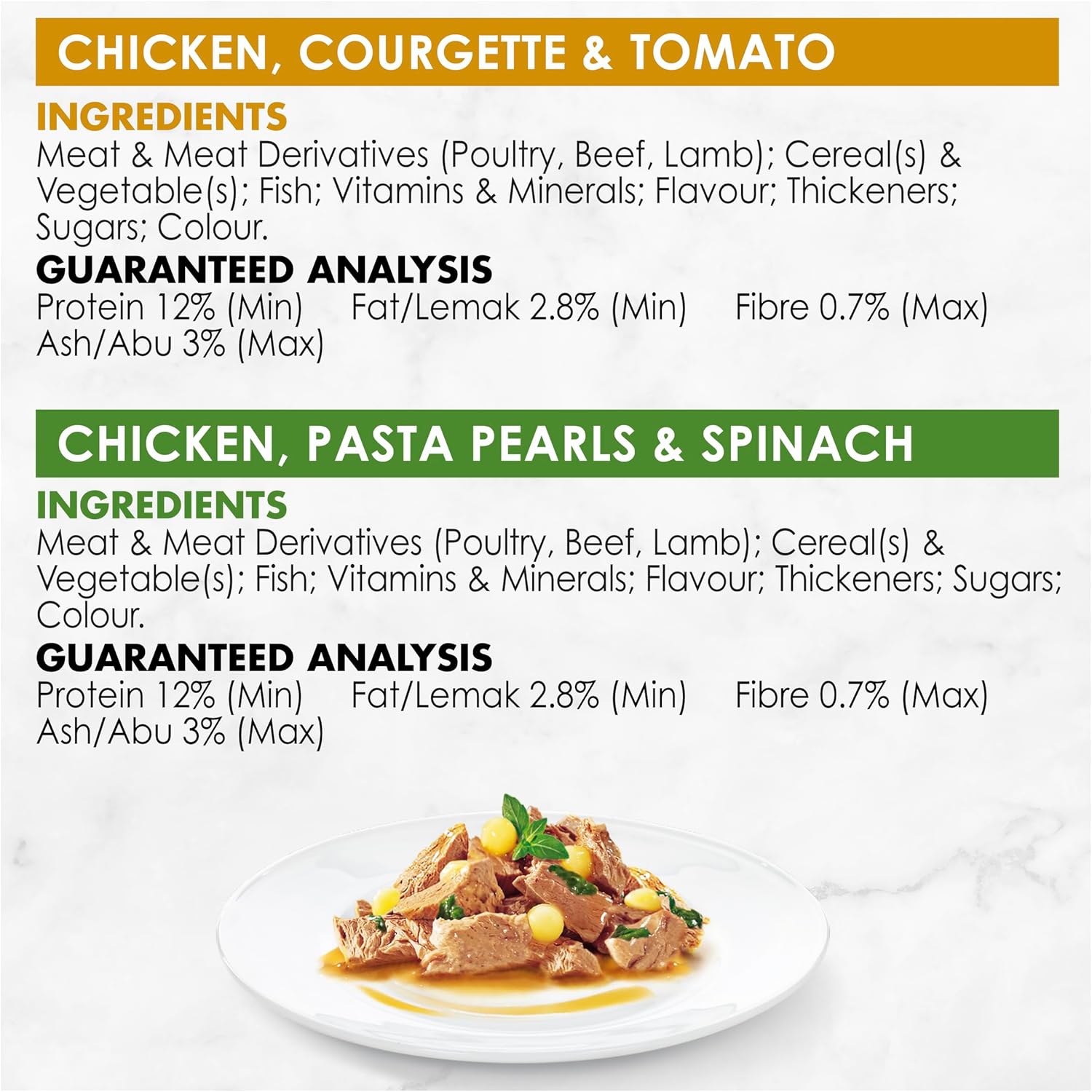 Product label with ingredients and guaranteed analysis for chicken, courgette, and tomato dish on a white background.