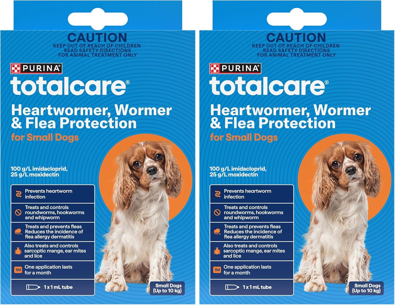 Two packages of Purina Totalcare Heartworm, Wormer & Flea Protection for small dogs on a white background at Pet Servo
