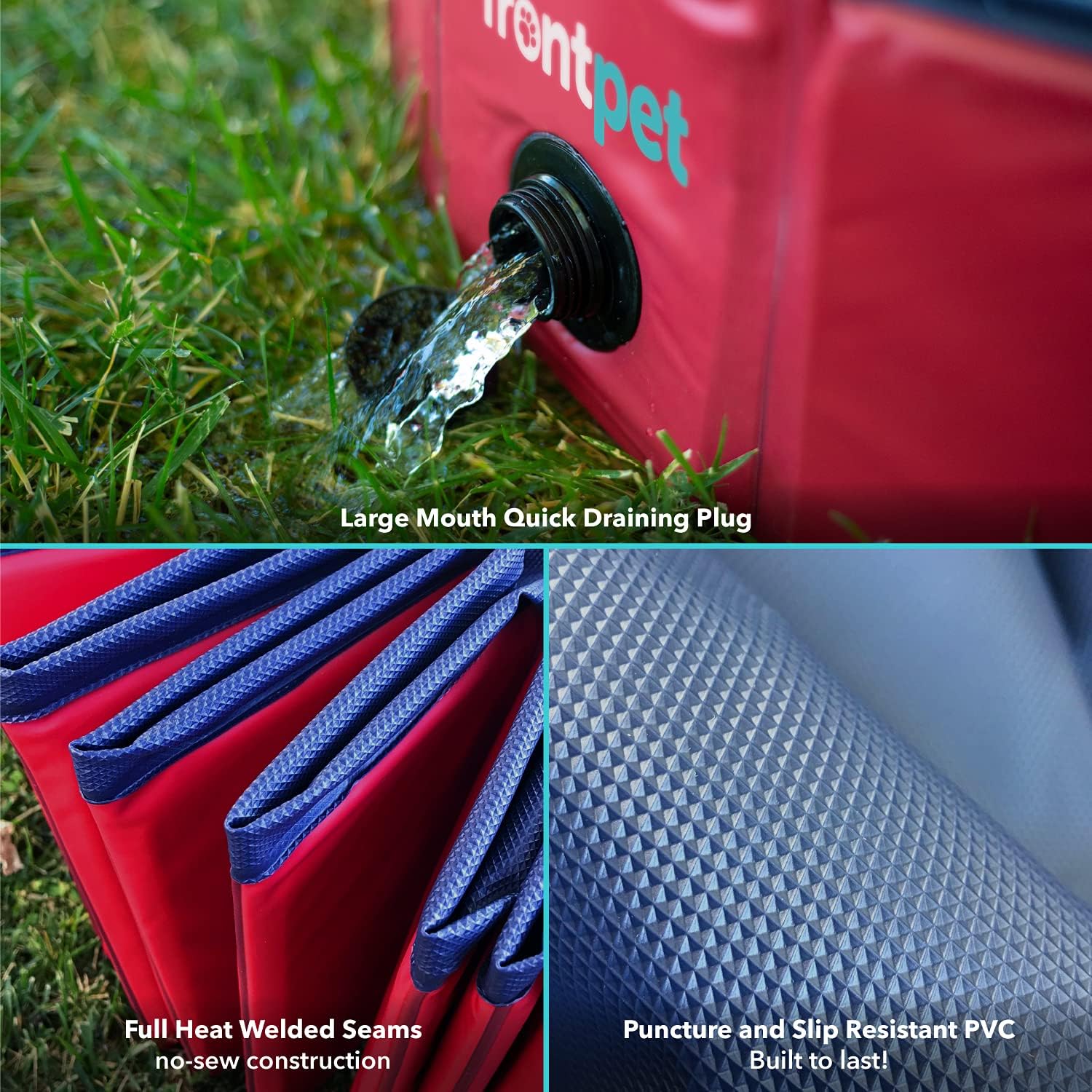 Red dog water bag with features highlighted on a grass background at Pet Servo