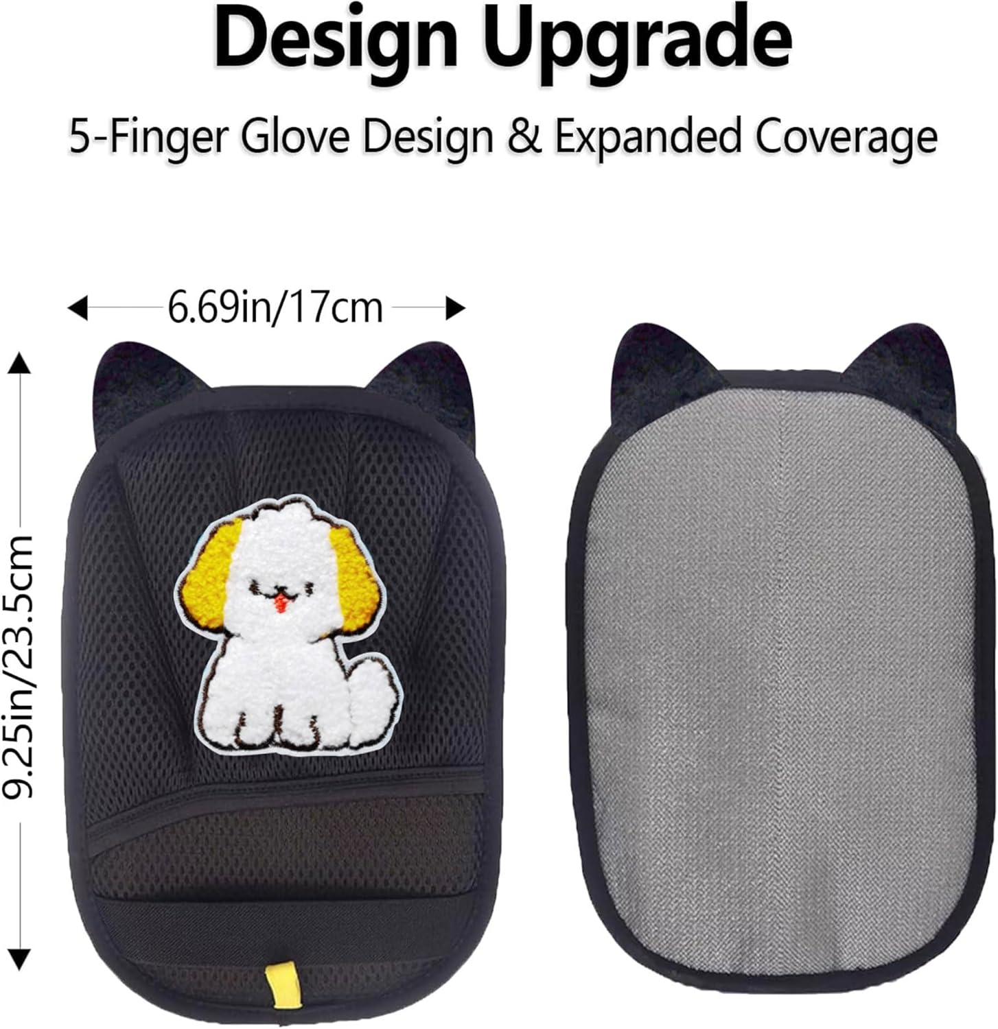 Black 5-finger glove design with cartoon dog illustration and measurements on a white background at Pet Servo