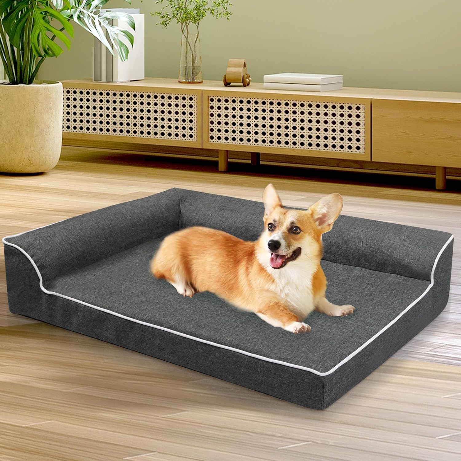 Dog lying on a gray pet bed in a room with wooden flooring and furniture at Pet Servo