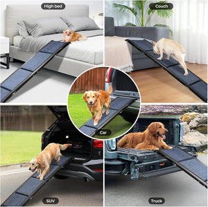 A 4-panel collage showing a black pet ramp with a dog in multiple real-world settings: on a high bed, a couch, a car trunk, and a truck bed. The center circular inset shows a golden retriever walking up the ramp at Pet Servo