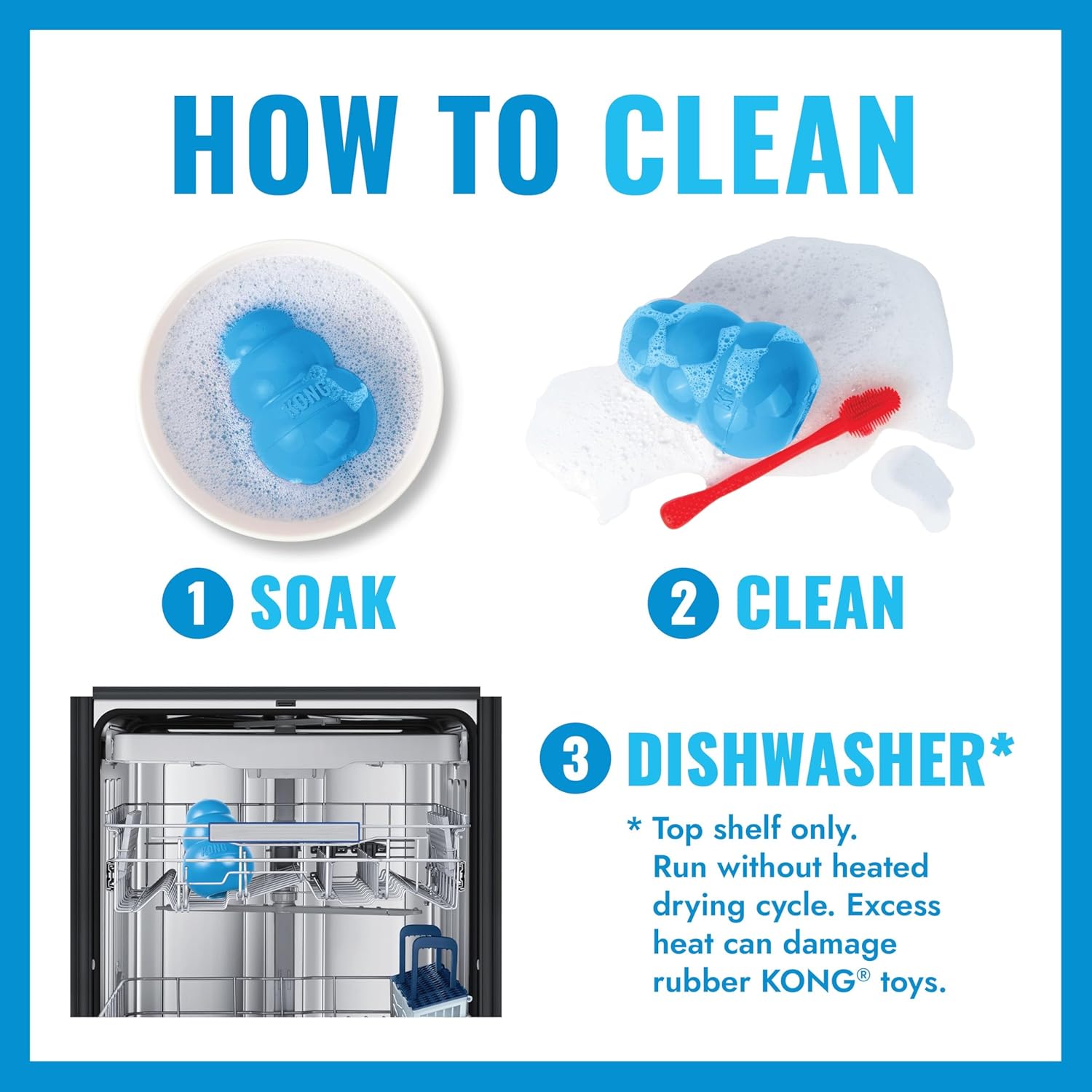 Instructions on how to clean KONG toys with images and text at Pet Servo