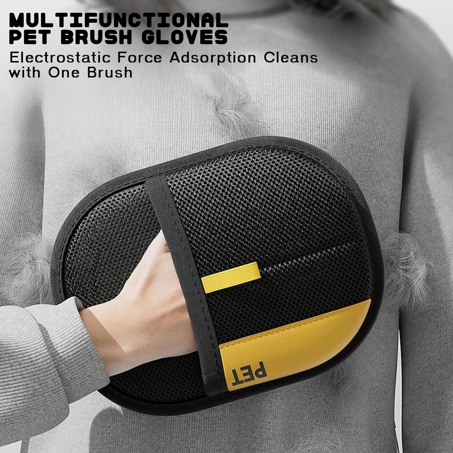 Multifunctional pet brush glove held by a person with text about its cleaning capabilities at Pet Servo
