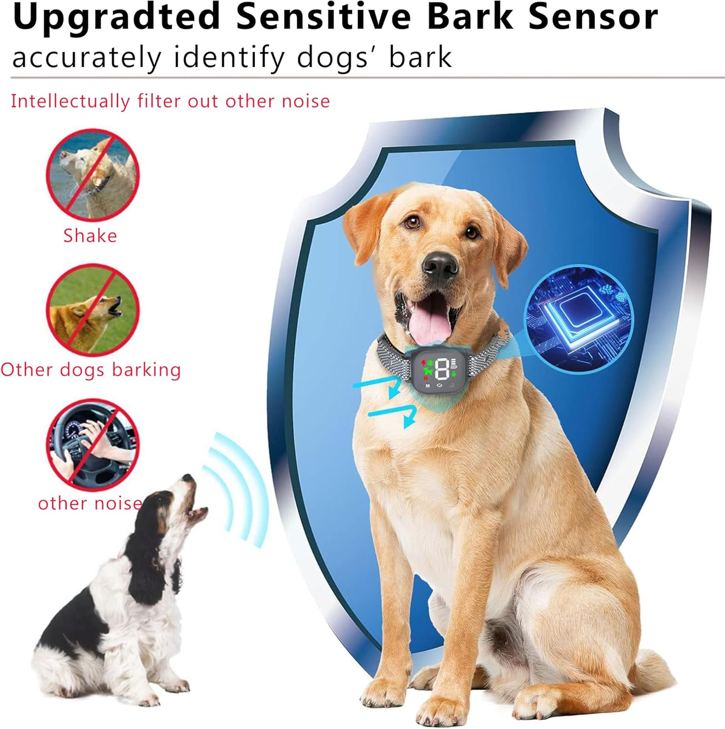 Dog collar with an upgraded sensitive bark sensor on a white background at Pet Servo