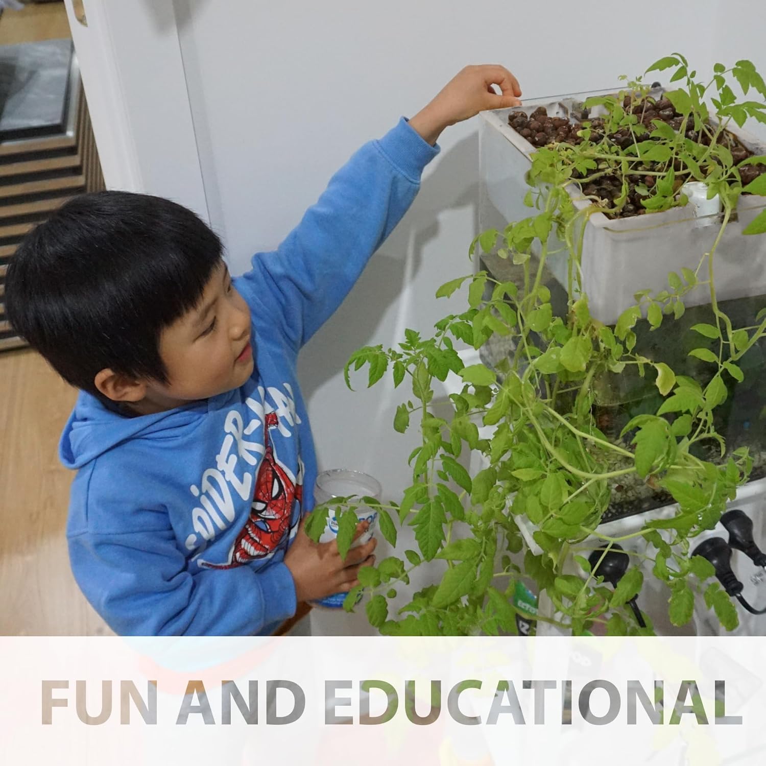 Child in a blue hoodie interacting with plants in a home setting at Pet Servo