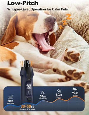 Dog with open mouth yawning, accompanied by a device for low-pitch operation, on a soft surface at Pet Servo