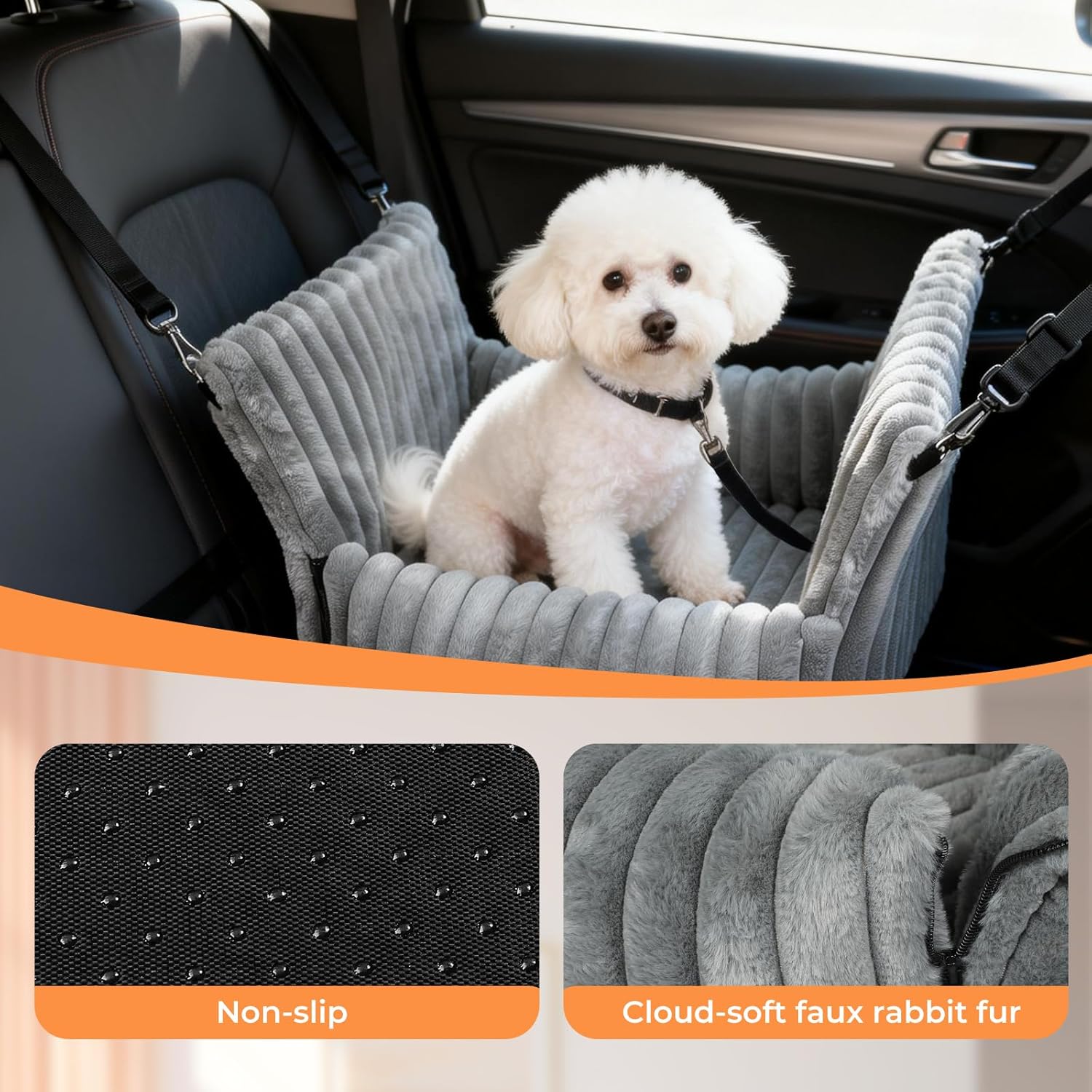 A white poodle sits in a gray pet car seat installed in a car interior. The main product is the padded pet booster seat with side restraints and a harness attachment at Pet Servo
