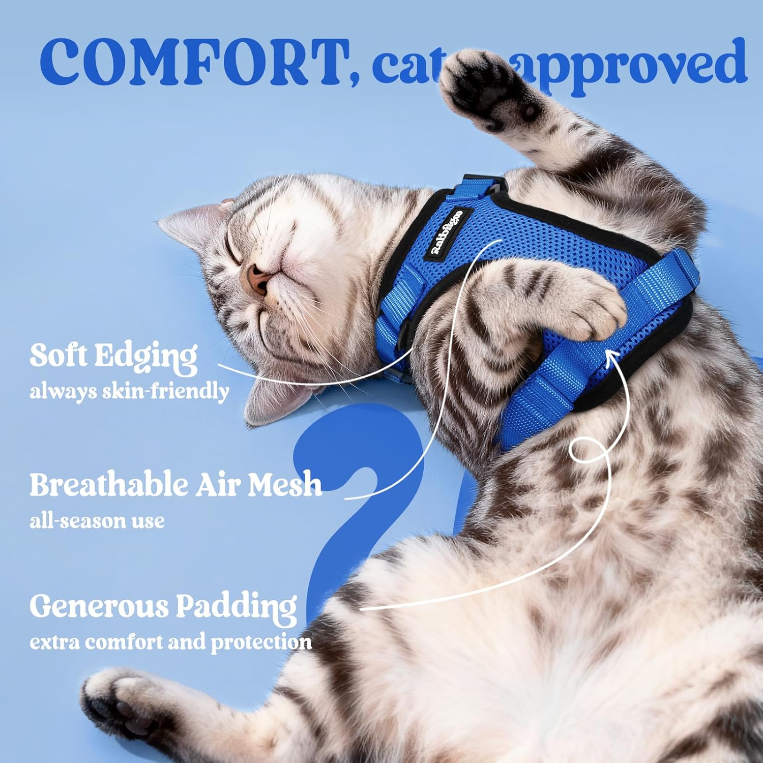 Cat wearing a blue harness with text highlighting features on a light blue background at Pet Servo