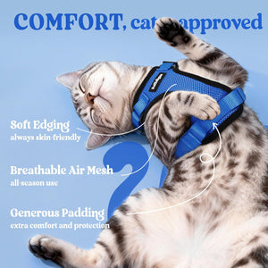 Cat wearing a blue harness with text highlighting features on a light blue background at Pet Servo