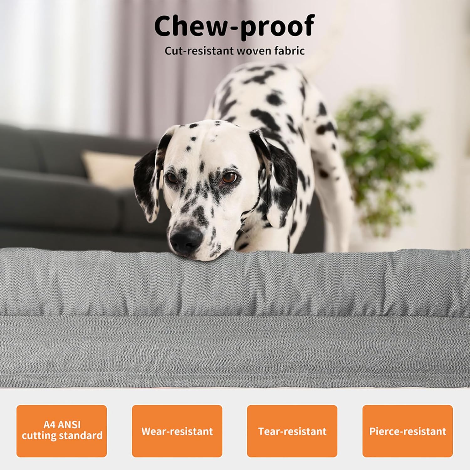 Dog looking over a chew-proof pet barrier with text and icons indicating features at Pet Servo