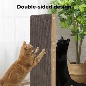 Two cats interacting with a double-sided cat scratcher in a home setting at Pet Servo