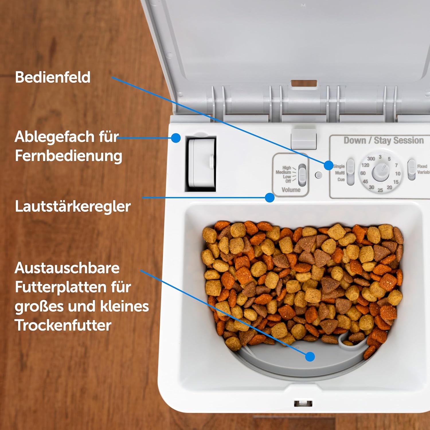 Dog food dispenser with labeled parts on a wooden surface at Pet Servo