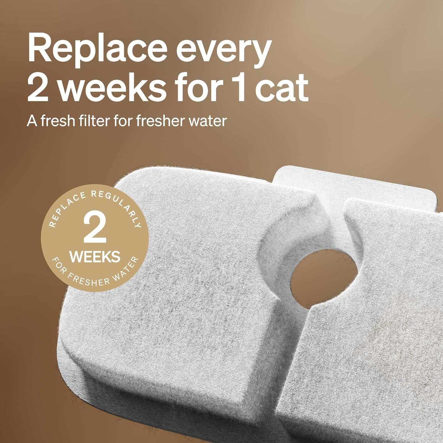 Cat water filter with text on a brown background