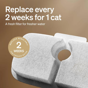 Cat water filter with text on a brown background