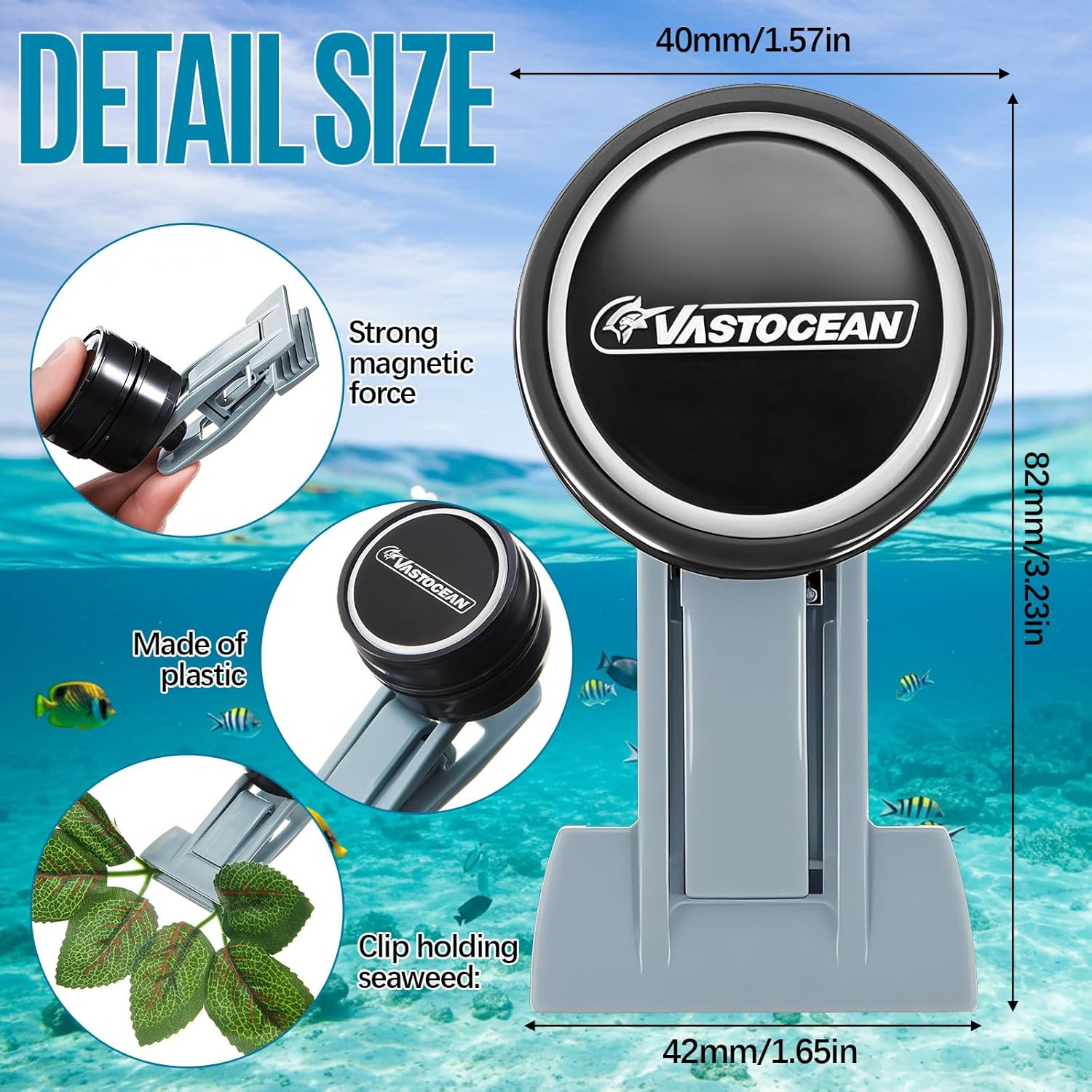 Vastocean magnetic device with measurements and features on a blue ocean background at Pet Servo