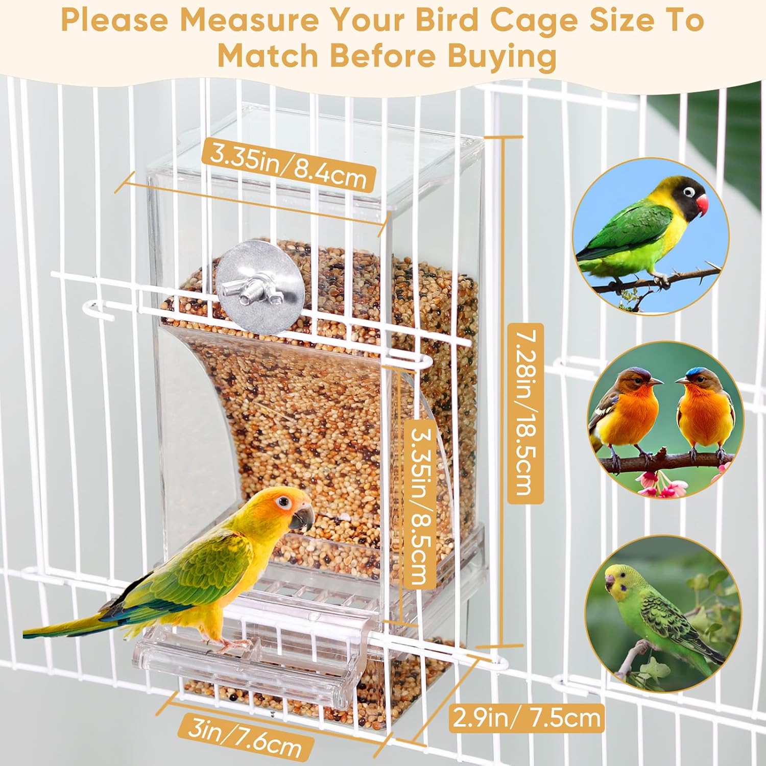 Bird cage with a bird feeder and measurements, featuring images of birds at Pet Servo