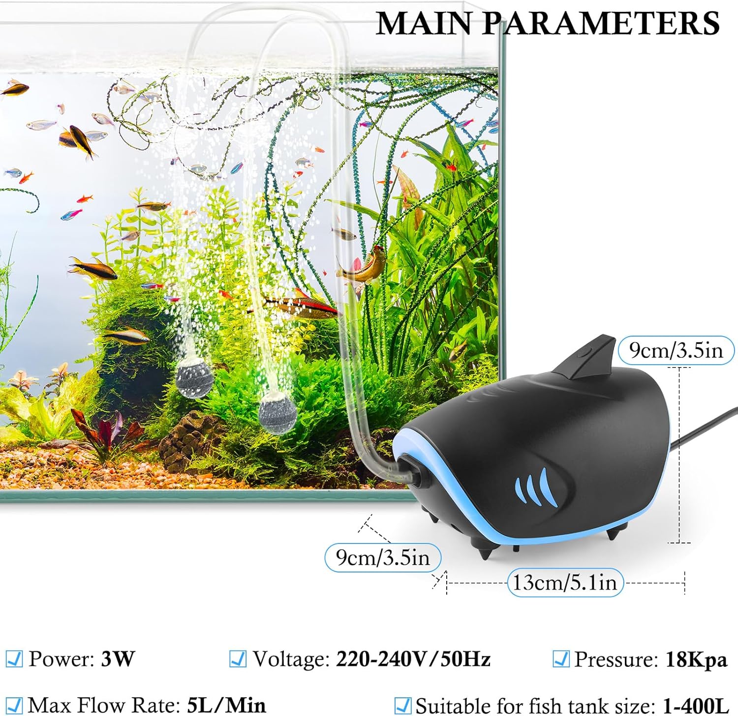 Aquarium air pump with fish tank setup showing water flow and plants at Pet Servo
