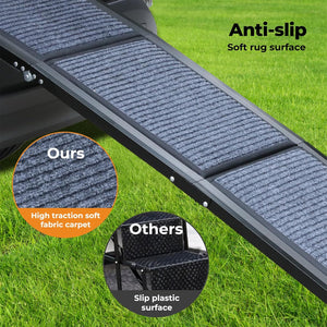 A black metal dog ramp with dark gray anti-slip textured carpeting, shown on a green grass lawn. The image includes text overlays reading 'Anti-slip Soft rug surface' and circular callouts comparing the product's fabric carpet to a slip plastic surface at Pet Servo