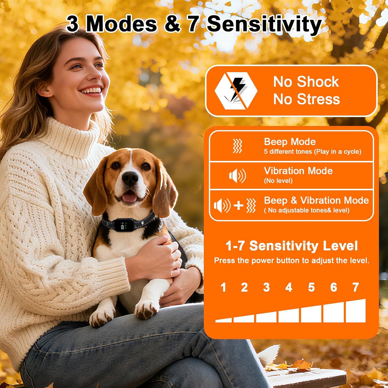 Woman holding a dog with product feature details on an orange background at Pet Servo