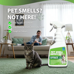 Pet smell remover bottle with a cat and person in a living room setting at Pet Servo