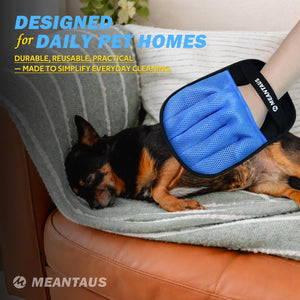 Dog lying on a couch with a blue grooming glove on its paw, text about daily pet homes and MEANTAU brand at Pet Servo