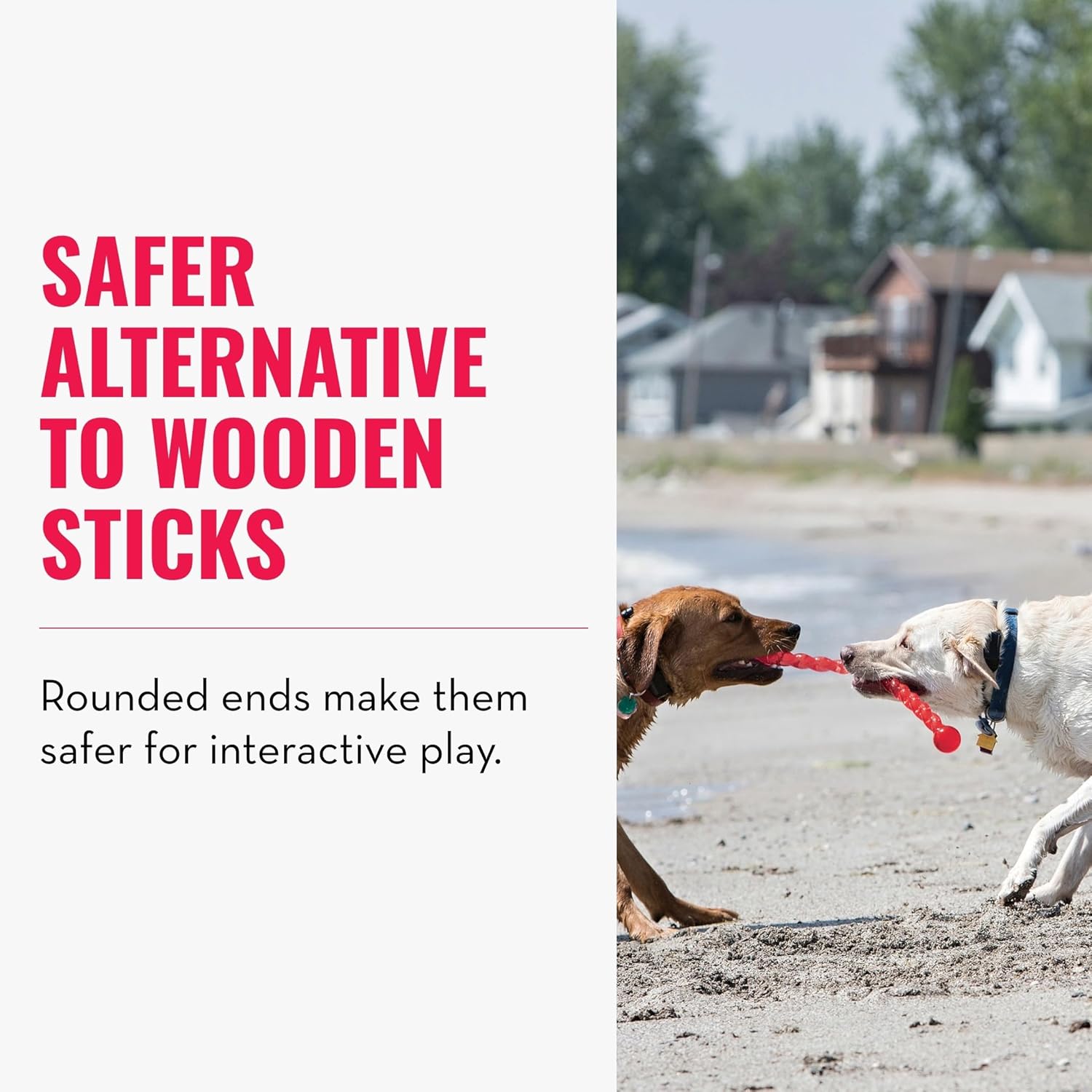 Two dogs playing with a red toy on a beach, with text about a safer alternative to wooden sticks at Pet Servo