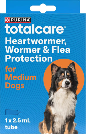 Purina TotalCare heartworm, wormer & flea protection packaging for medium dogs on a blue background at Pet Servo