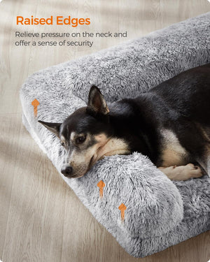Dog lying on a raised edge pet bed with text explaining its benefits at Pet Servo