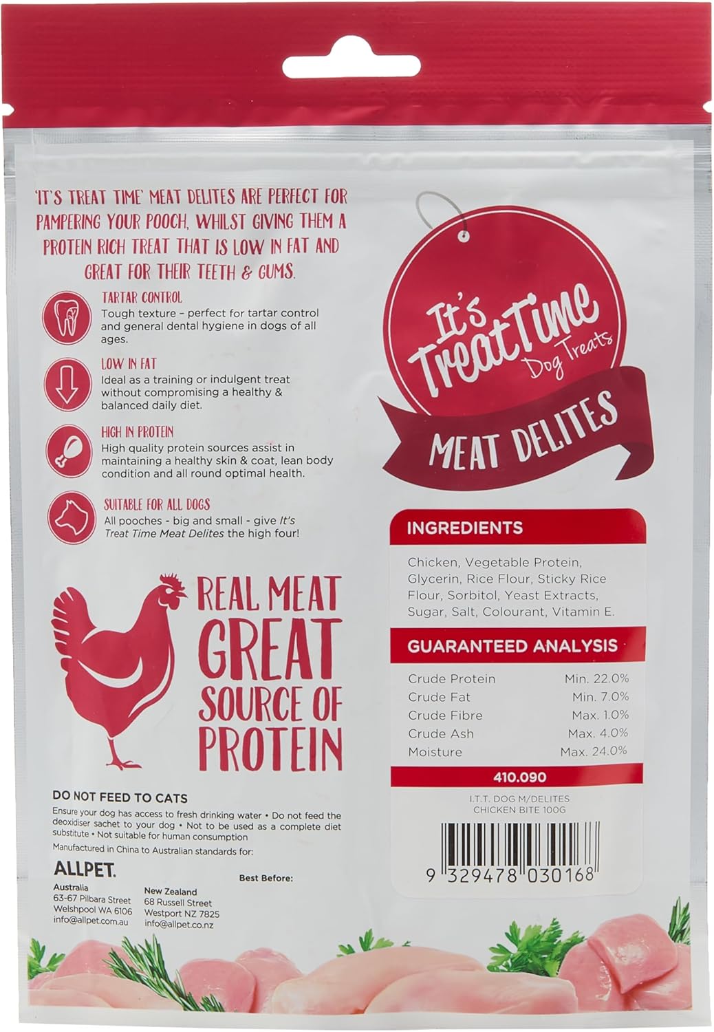 Dog treat package with red and white design, featuring text and images of meat at Pet Servo