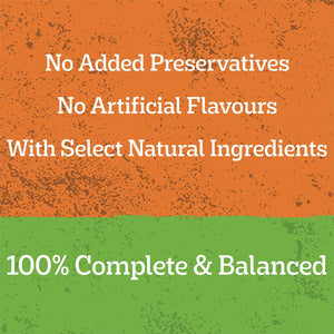 A promotional graphic with an orange upper section and green lower section, separated by a horizontal line. White text reads: 'No Added Preservatives', 'No Artificial Flavours', 'With Select Natural Ingredients', and '100% Complete & Balanced'.