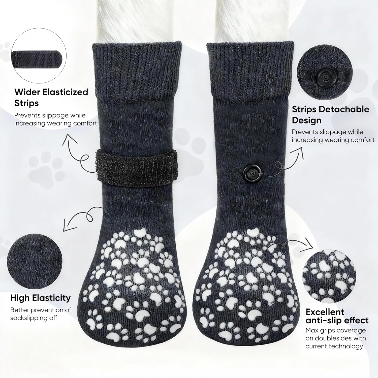 Pair of dark gray socks with white paw prints on a white background, featuring text and icons about sock design features at Pet Servo