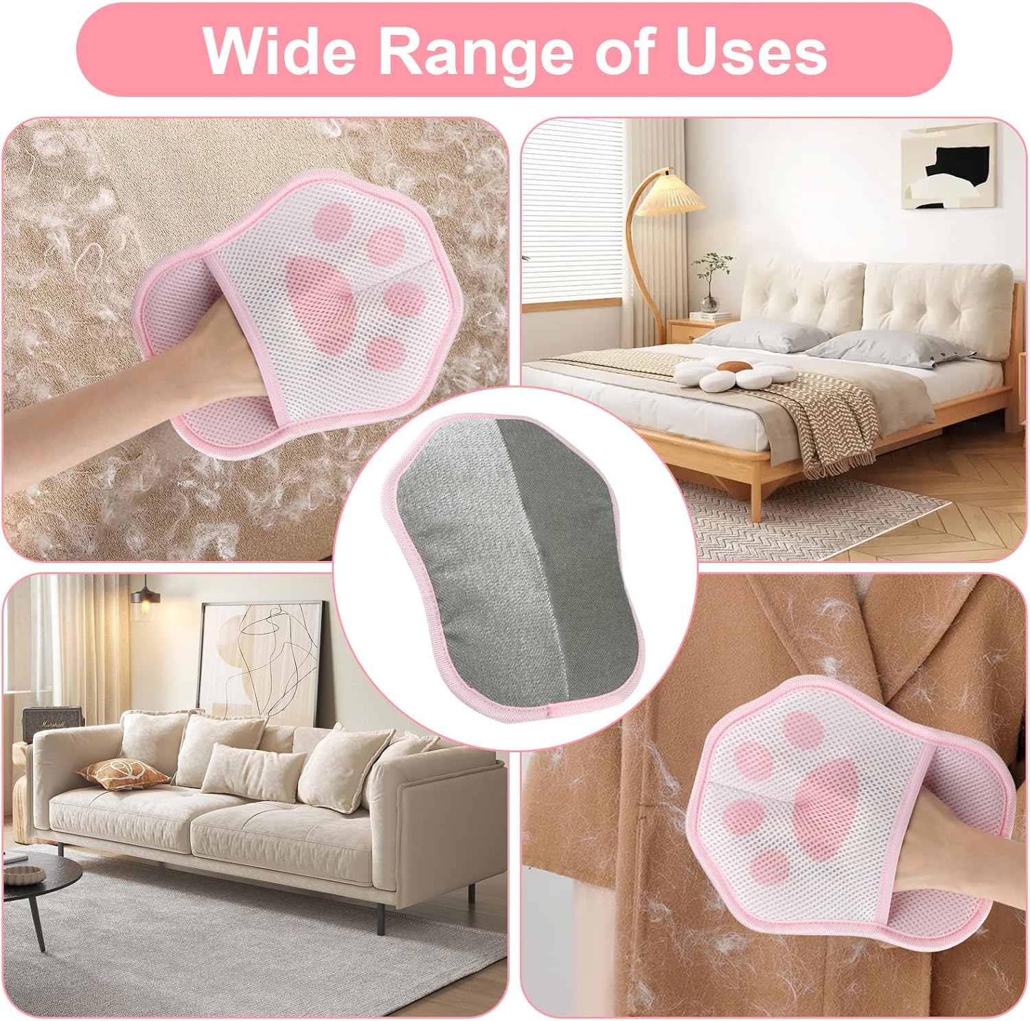 Collage of a pink paw-shaped cleaning mitt being used on various surfaces with text 'Wide Range of Uses' at Pet Servo