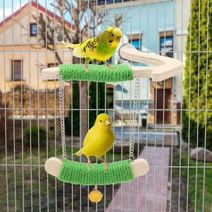 Two yellow birds on a birdcage toy with a blurred outdoor background at Pet Servo
