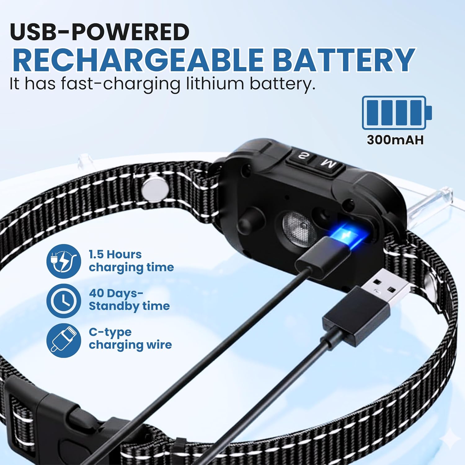 USB-powered rechargeable dog collar with charging cable on a light blue background at Pet Servo