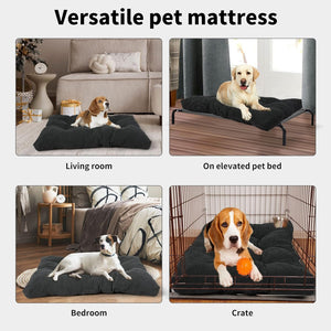 Versatile pet mattress shown in living room, on elevated bed, in bedroom, and in crate at Pet Servo