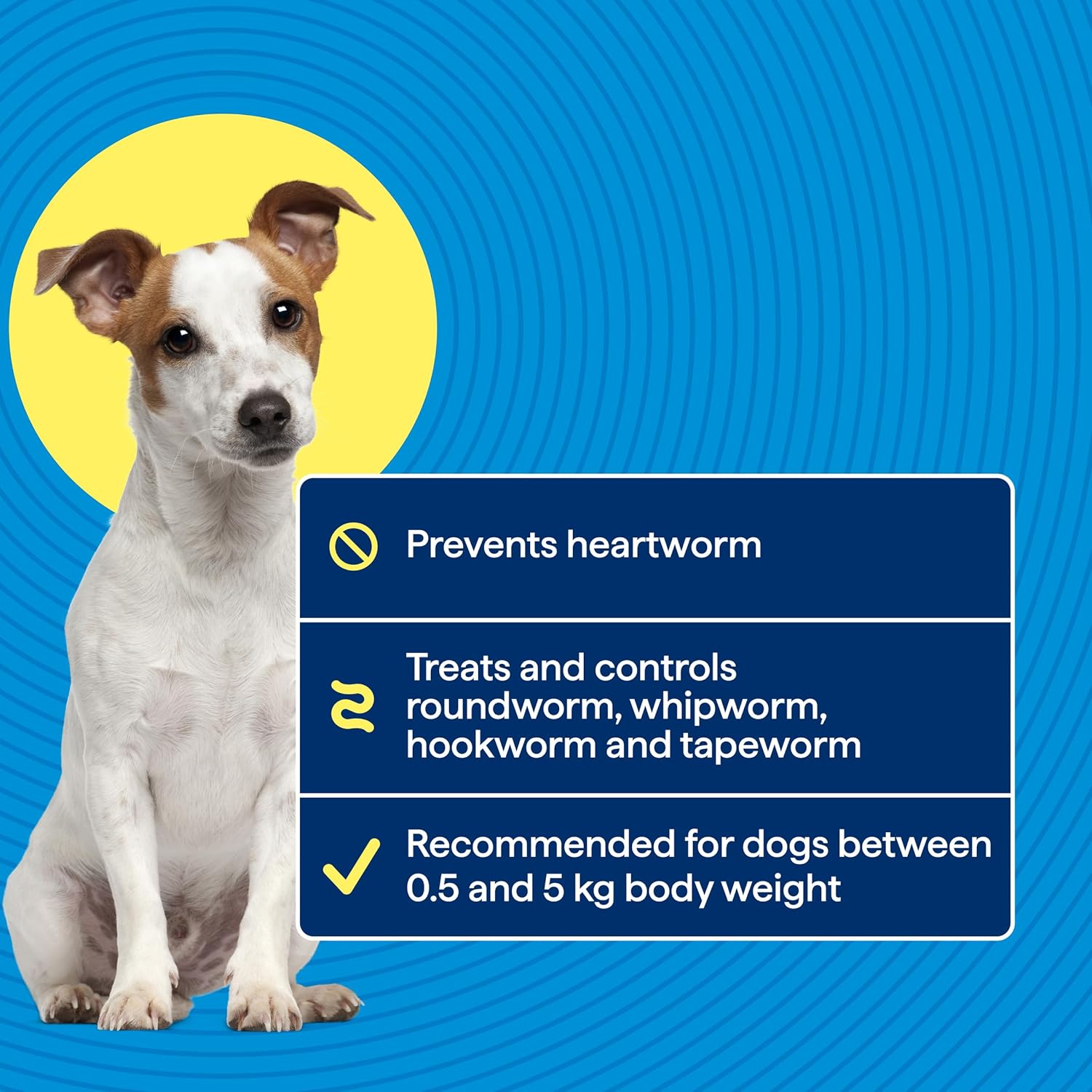 Dog with worm prevention product information on a blue background at Pet Servo