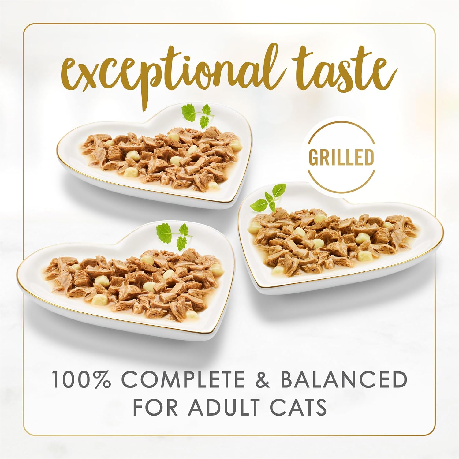 Three white plates with grilled cat food, labeled 'exceptional taste' and '100% complete & balanced for adult cats'.