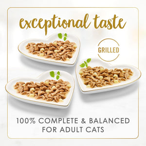 Three white plates with grilled cat food, labeled 'exceptional taste' and '100% complete & balanced for adult cats'.