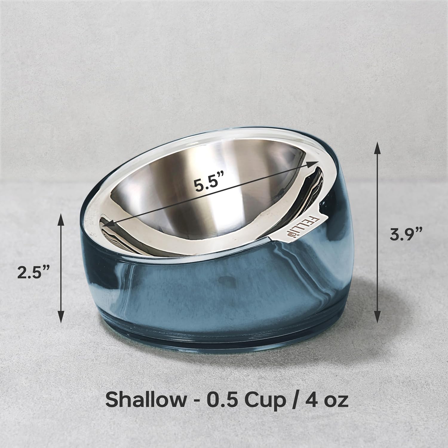 Blue glass pet bowl with metal interior, showing dimensions on a gray background at Pet Servo