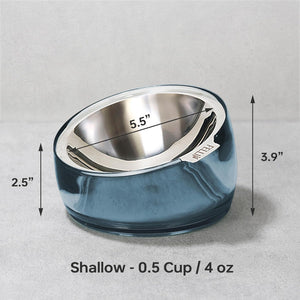 Blue glass pet bowl with metal interior, showing dimensions on a gray background at Pet Servo