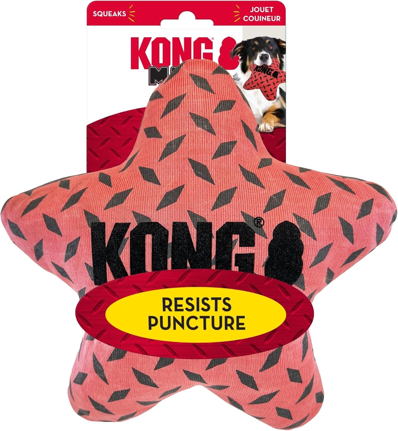 Kong star-shaped dog toy in pink with black diamond pattern, shown with its retail packaging card. The packaging features the red and white KONG brand logo and a picture of a dog holding the toy at Pet Servo